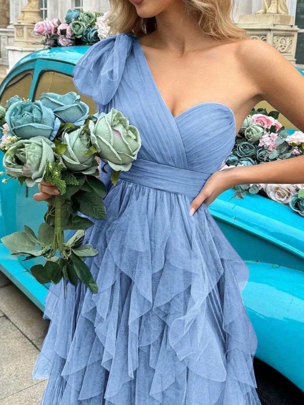 Blue Party Women's Elegant Asymmetric Neckline one shoulder Formal Dress